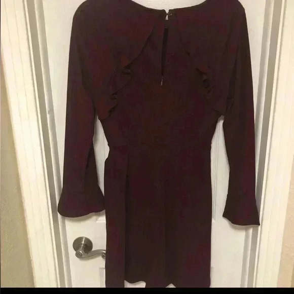 Deep Burgundy Ruffled Bell Sleeve Sheath Dress - Picture 3 of 13